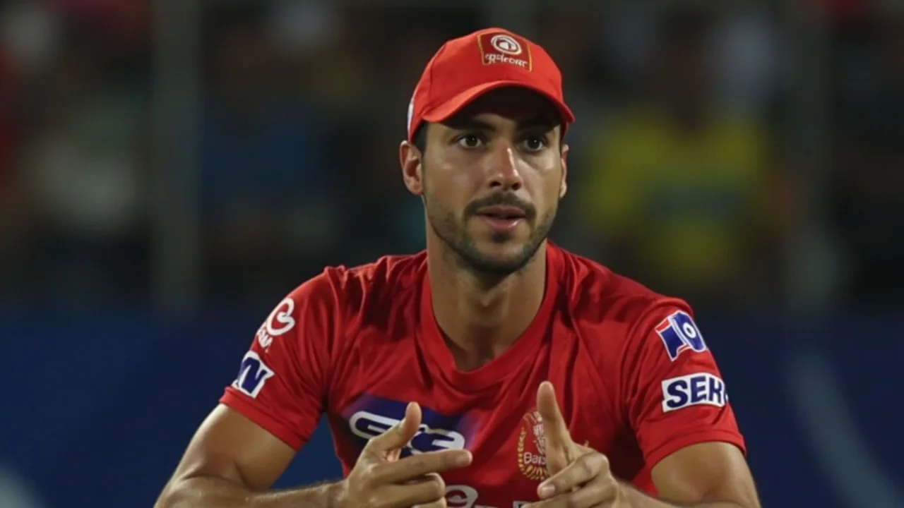 A fast bowler in his delivery stride at the end of an evening spell, with a batter set at the far crease and the outfield behind.