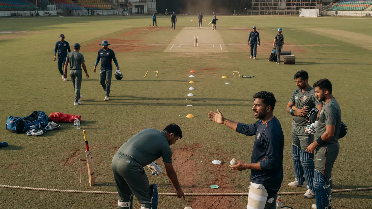 Fielders in coloured ODI kits adjusting a ring field on a sunlit outfield, with cones and a practice ball near the edge of the circle.