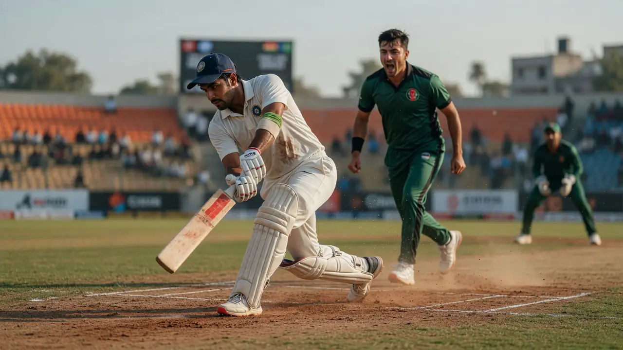 A batter in blue kit completing a straight drive during an ODI, with the bowler and close fielders blurred behind the crease.