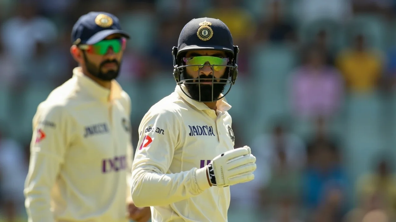 Indian players gathered during a tactical team huddle near the boundary rope at a Test venue, with bat, gloves and helmet visible in the foreground.